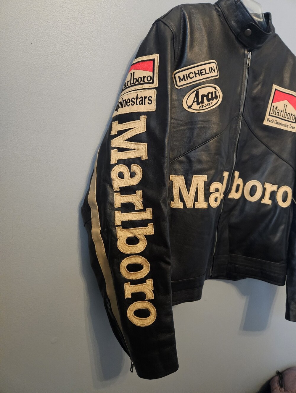 Vintage Marlboro Black Leather Racing Jacket Size L Large Embellished W Patches - Picture 4 of 16